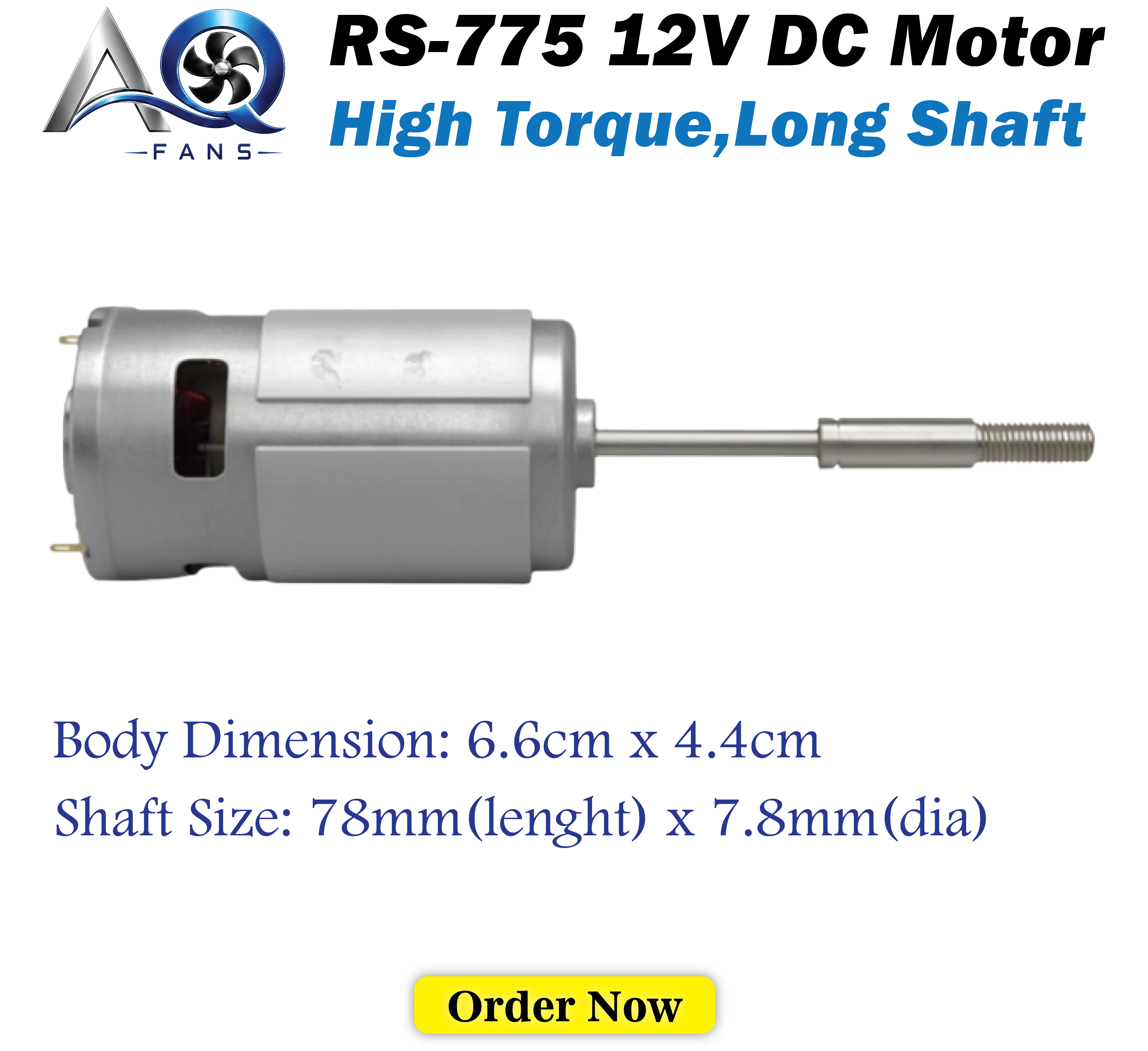 RS-775 12V DC High Torque Long Shaft Motor – 6000 RPM | Cooling Fan & Ball Bearing Installed